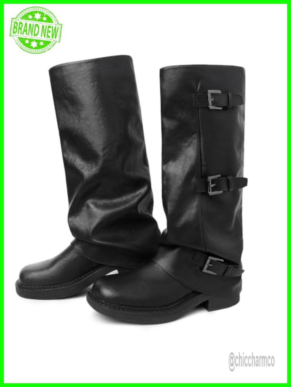 Fold Over Knee High Boots Women Buckle Faux Leather Slouchy Tall Boots